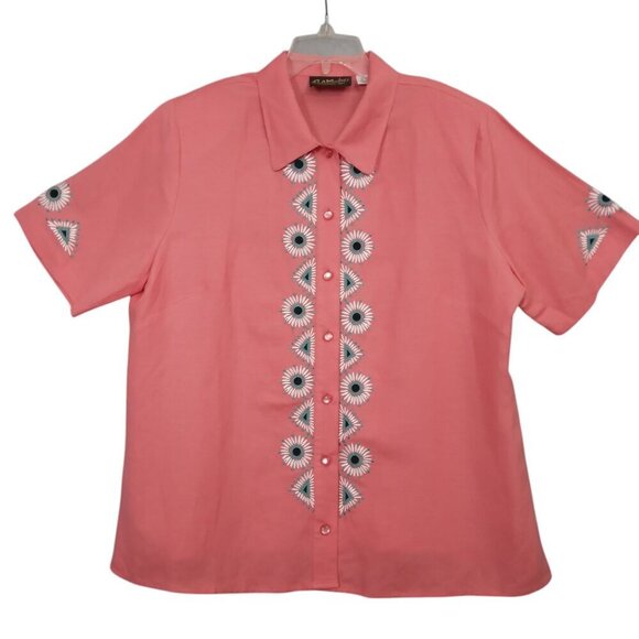 Bob Mackie 2 Pc Linen Embroidered Aztec Southwest Shirt with Tank Coral Size L - Picture 2 of 12
